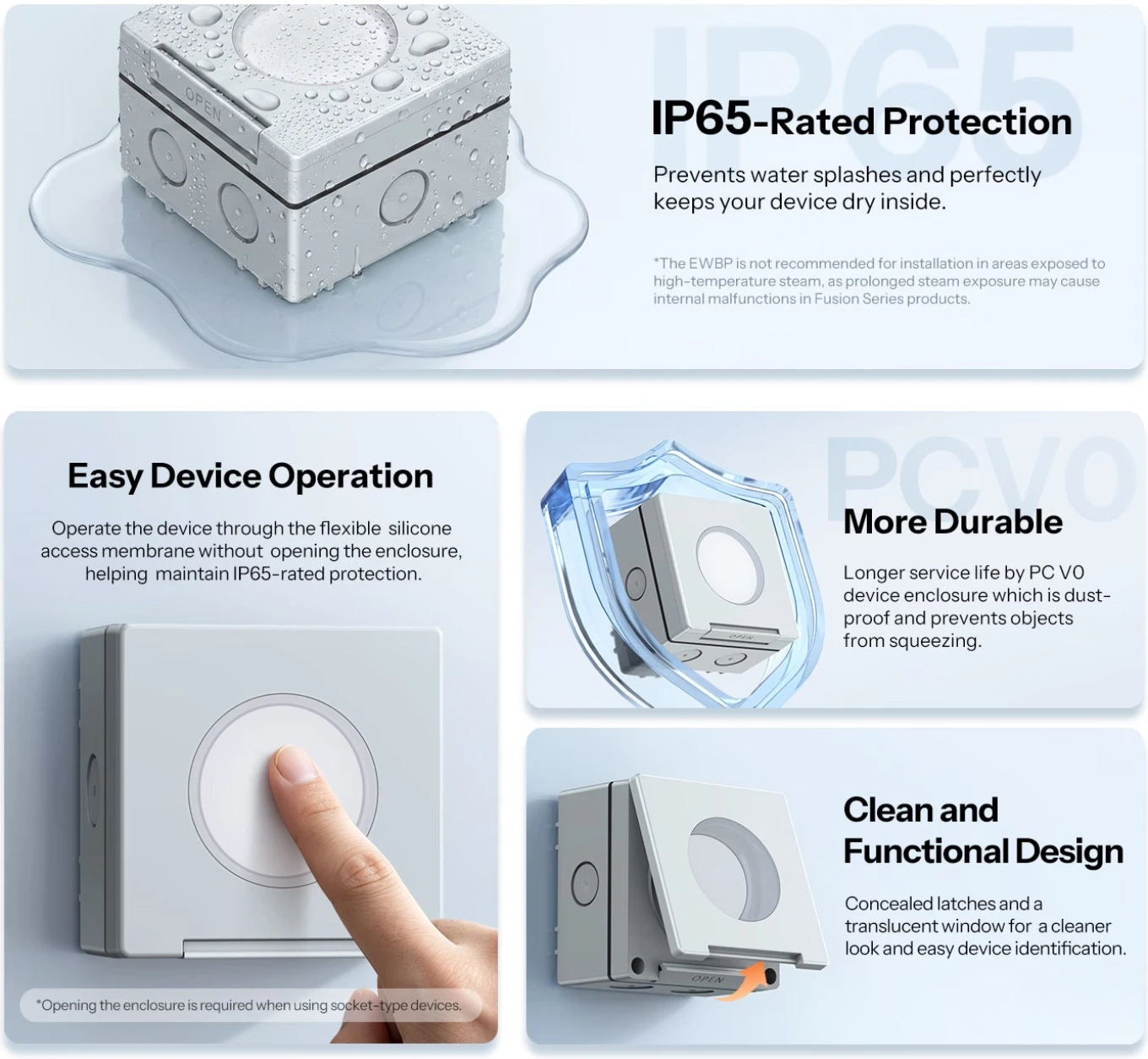 Protection EWPB IP65 : membrane en silicone, coque en PC V0 et fermetures dissimulées